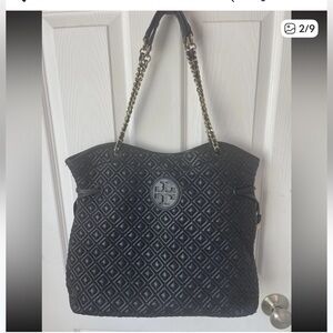 Tory Burch Black Quilted Diamond-Pattern Shoulder Bag with Chain Straps